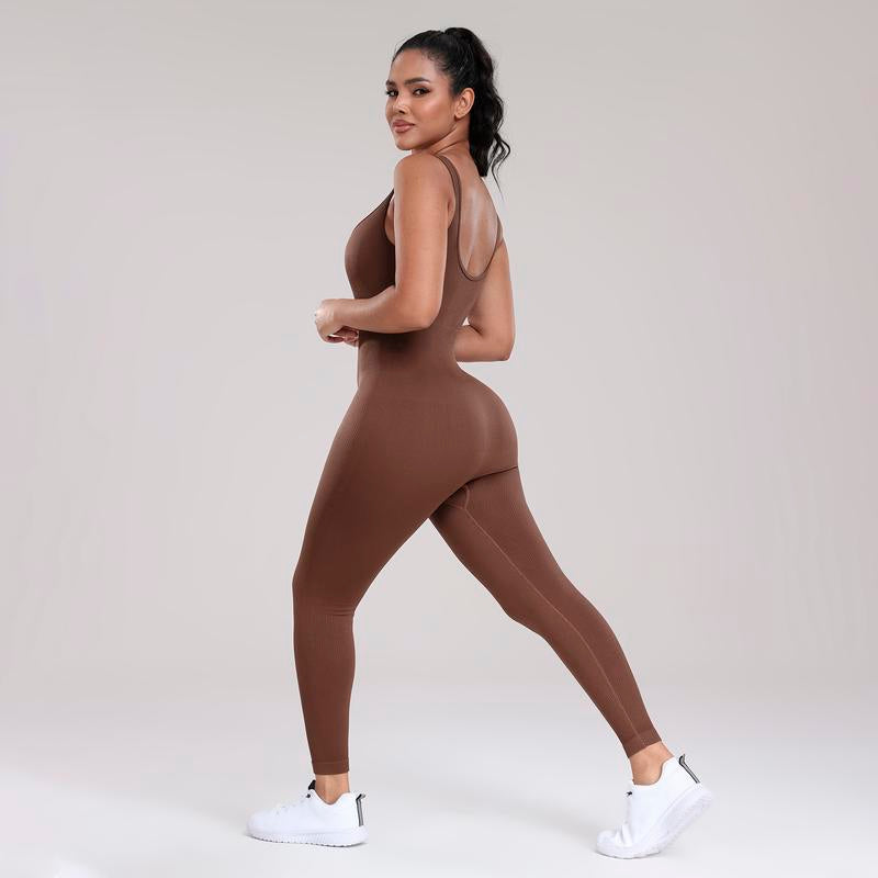 Women'S Solid Color Sleeveless Vest Jumpsuit Thread Square Neck Backless Hip Lift Slim-Fit Sports Jumpsuit Gymwear