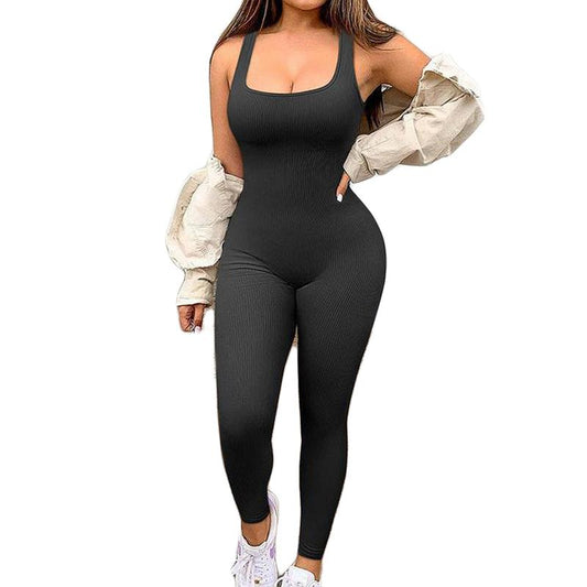 Women'S Solid Color Sleeveless Vest Jumpsuit Thread Square Neck Backless Hip Lift Slim-Fit Sports Jumpsuit Gymwear