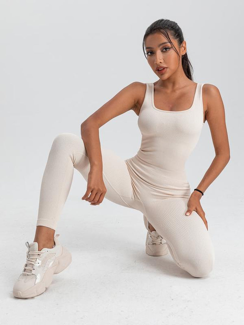 Women'S Solid Color Sleeveless Vest Jumpsuit Thread Square Neck Backless Hip Lift Slim-Fit Sports Jumpsuit Gymwear