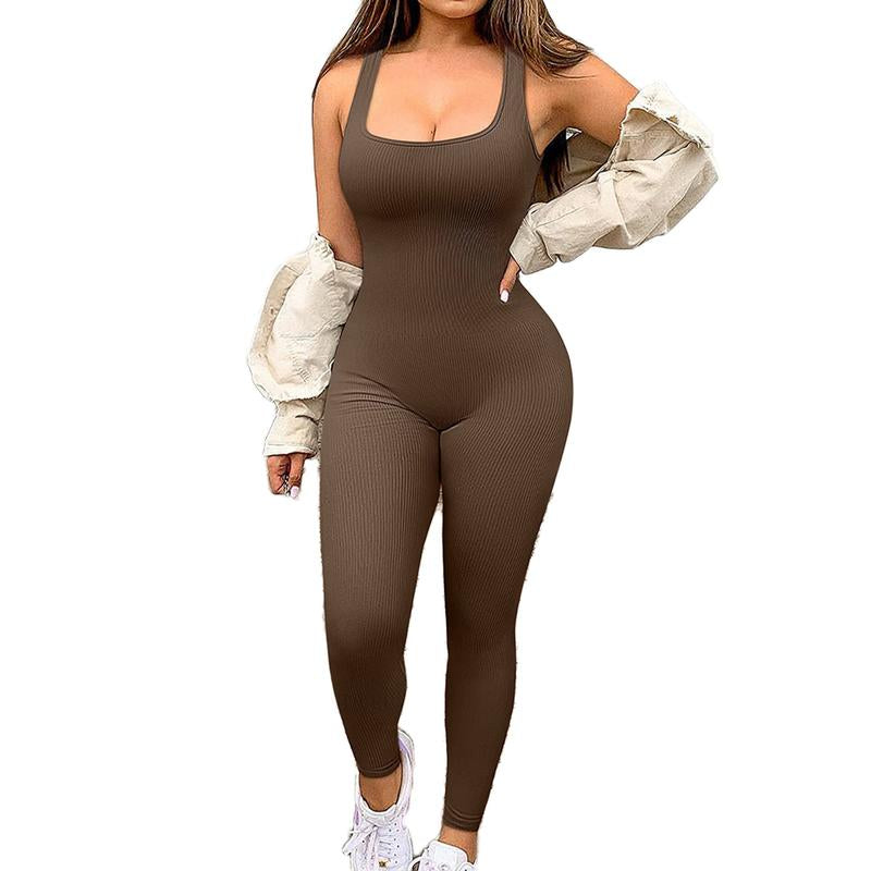 Women'S Solid Color Sleeveless Vest Jumpsuit Thread Square Neck Backless Hip Lift Slim-Fit Sports Jumpsuit Gymwear