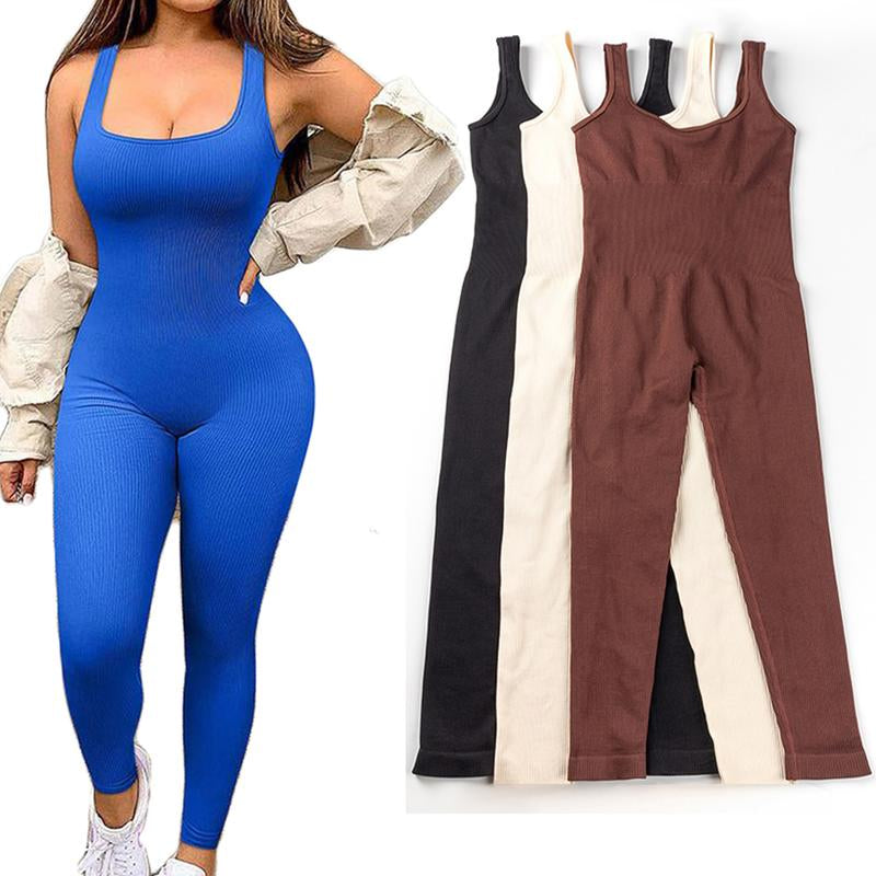 Women'S Solid Color Sleeveless Vest Jumpsuit Thread Square Neck Backless Hip Lift Slim-Fit Sports Jumpsuit Gymwear