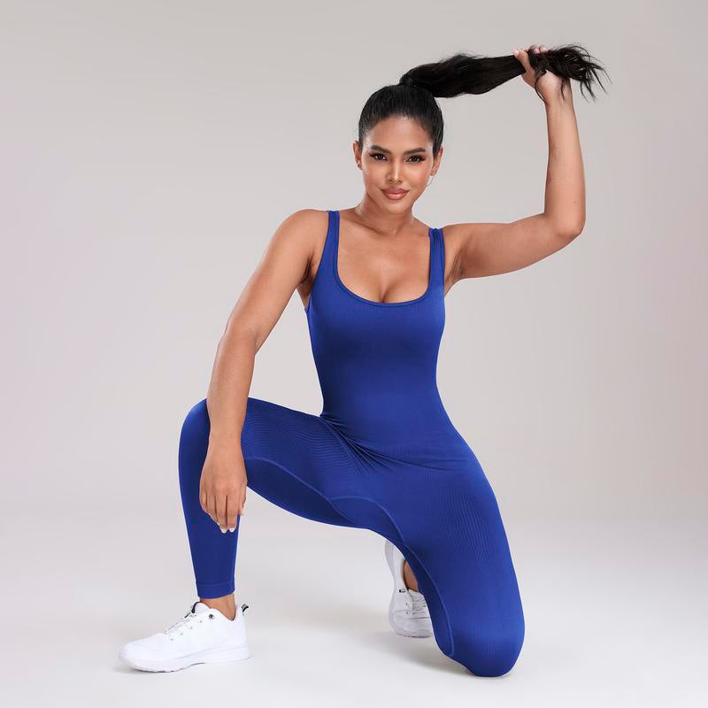 Women'S Solid Color Sleeveless Vest Jumpsuit Thread Square Neck Backless Hip Lift Slim-Fit Sports Jumpsuit Gymwear