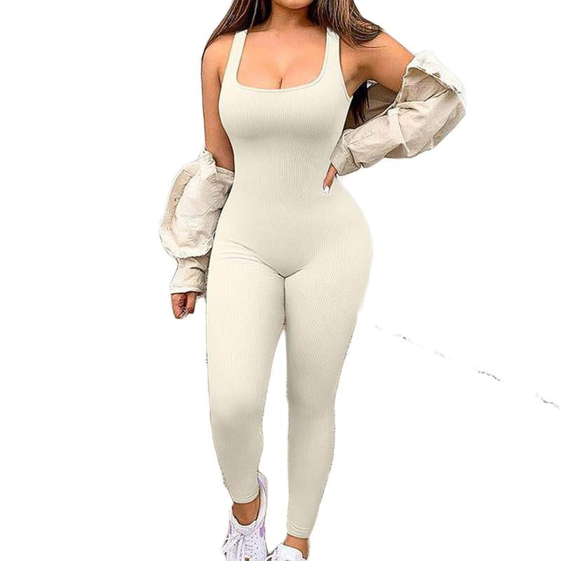 Women'S Solid Color Sleeveless Vest Jumpsuit Thread Square Neck Backless Hip Lift Slim-Fit Sports Jumpsuit Gymwear