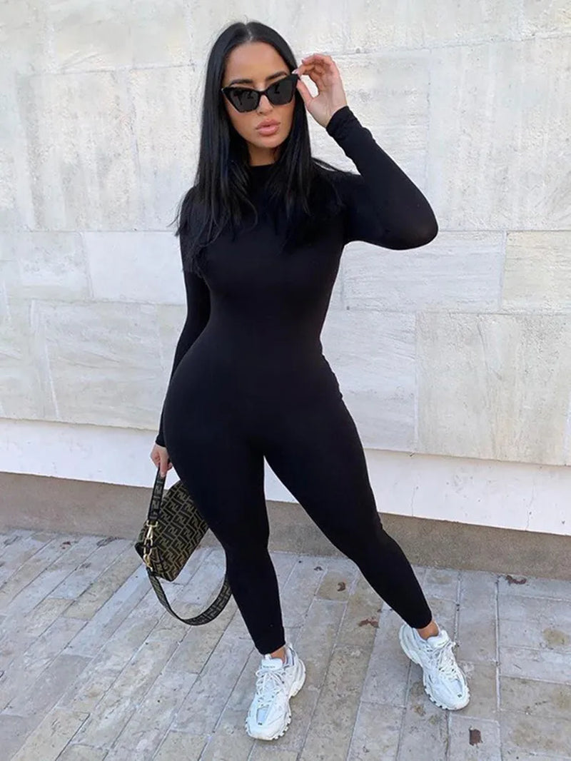 Solid Black/Gray Long Sleeve Skiing Jumpsuit Women Elastic Hight Outfit Fashion Fitness Sportwear Slim Rompers Streetwear